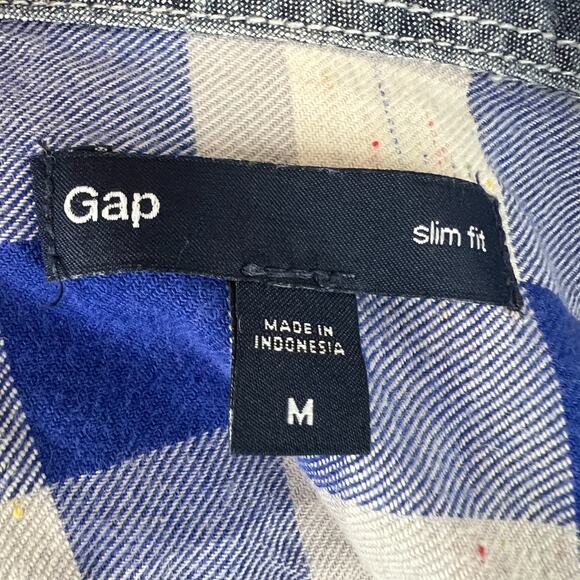 UNISEX Gap Shadow Blue Plaid Slim Fit Button Down Over Sized Shirt Top Medium M - Picture 7 of 9